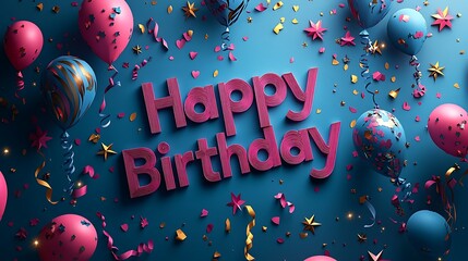 A delightful kirigami design of "Happy Birthday" with letters intertwined with dynamic balloon shapes, glowing vibrant tones, and surrounded by sparkling paper stars and streamers, hd precision,
