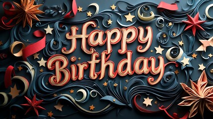A detailed kirigami artwork of "Happy Birthday" displayed on a rolling parchment scroll, with antique-style detailing, ornate edges, and soft shadow effects,
