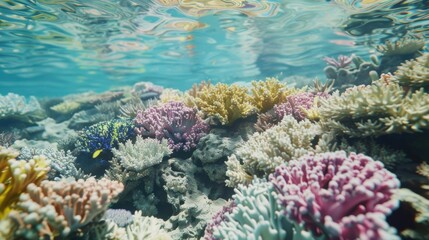 Naklejka premium Sunlight illuminates a vibrant coral reef teeming with colorful coral formations and diverse marine life, creating a breathtaking underwater scene in a clear blue ocean