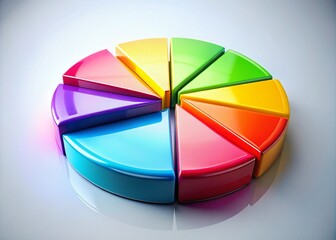 Obraz premium Aerial Photography of a Glossy 3D Pie Chart with Vividly Colored Segments on a Clean White Surface for Accurate Data Representation and Analysis