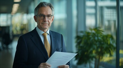 Fototapeta premium Senior executive in suit holding document symbolizing business merger, focused and determined in modern office setting with copy space for text or design.