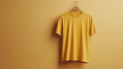  T-shirt mockup featuring plain high-quality cotton t-shirt draped naturally on hanger, with ample space for customizable designs, set against neutral minimalist background.