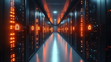  Outline of secure data center superimposed with floating lock symbols and network of glowing connections, emphasizing integration of physical and digital safeguards.