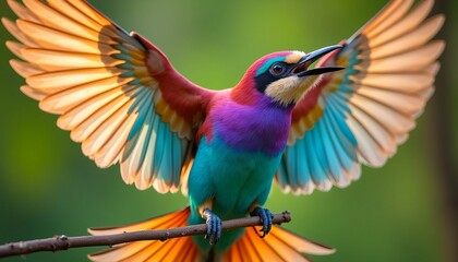 Fototapeta premium A vibrant multicolored bird perched with wings spread wide against a blurred green background, showcasing its vivid plumage in natural light.