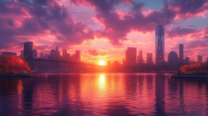 Naklejka premium Vibrant sunset over NYC skyline, reflecting on calm water with bridge and autumnal trees.