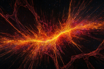 Dynamic virus-like abstractions in red, orange, and yellow neon, with flowing textures on a cosmic black backdrop with glowing specks