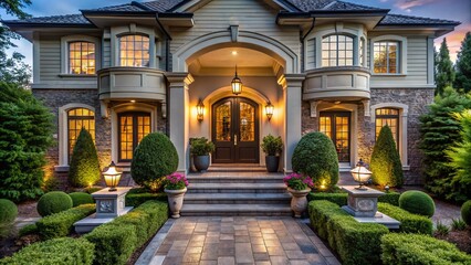 Aerial Photography of an Upscale Home Showing a Welcoming Front Door Surrounded by Lush Landscaping and Elegant Architectural Features for Real Estate and Design Inspiration