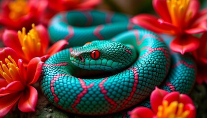 Obraz premium A vibrant green and red snake nestled among vivid red and yellow flowers, showcasing nature's striking colors and intricate patterns.