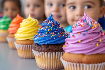 A close-up of children decorating cupcakes with colorful frosting and sprinkles. Generative AI
