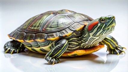 Aerial Photography of a Red-Eared Slider Turtle on a White Background, Showcasing Its Unique Shell Patterns and Vibrant Colors for Nature and Wildlife Enthusiasts