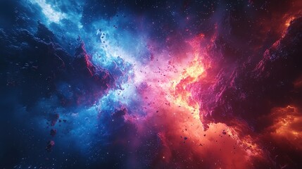  Vibrant cosmic explosion blending blue and red hues, symbolizing birth of stars, universal energy, and awe of space science.