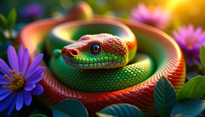 Fototapeta premium Vibrant green and red snake curled among purple flowers, basking in the warm golden sunlight, showcasing its mesmerizing scales and keen gaze.