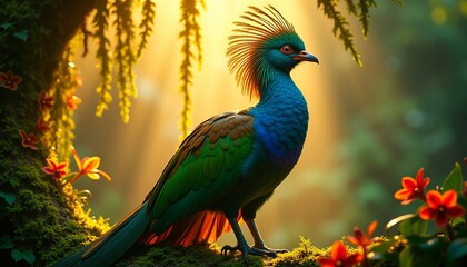 A vibrant blue and green bird with a striking crest in a lush, sunlit forest setting, surrounded by vivid red flowers and cascading moss.