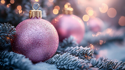 Christmas tree with pink balls background with soft bokeh lights