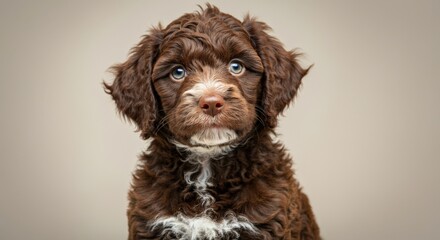Adorable brown puppy with curly fur and blue eyes on neutral background