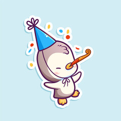 Vector sticker with cute little penguin blowing a party blower. Funny cartoon animal character on celebration. Joyful celebration.
