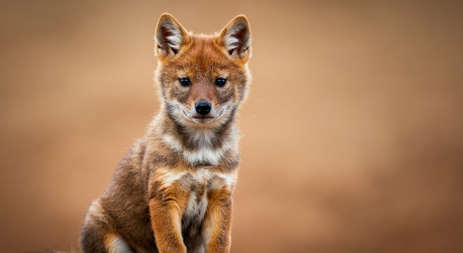 Curious young dhole pup in natural habitat for wildlife conservation and education