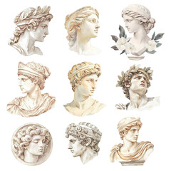 Obraz premium PNG watercolor ancient statue design element set, transparent background