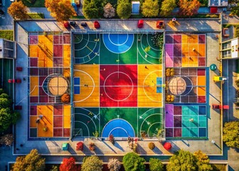 Obraz premium Aerial View of a Basketball Court Emphasizing Symbolic Design Elements and Court Lines for Creative Sports Concepts and Marketing Materials