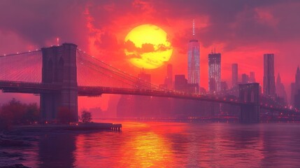 Vibrant sunset over Brooklyn Bridge and NYC skyline.