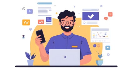 A businessman is using his laptop to set up marketing infographics and graphs on social media, while holding a phone in one hand,


