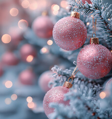 Christmas tree with pink balls background with soft bokeh lights