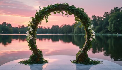 Elegant circular wedding arch by lakeside at sunset with copy space