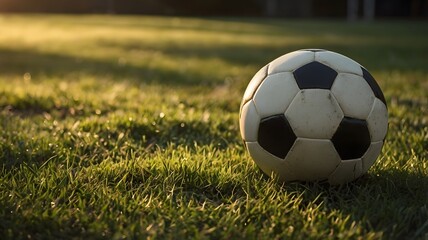 Side portrait of classic football on grass bathed in warm sunlight,Copy space