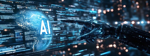 Robotic Hand Interacting with AI Globe, Futuristic Concept of Artificial Intelligence