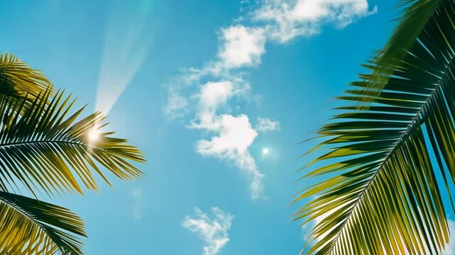 Palm tree with its leaves spread out, reaching towards the sky. The sky above the tree is a bright blue, with no clouds in sight. Concept of warmth and relaxation