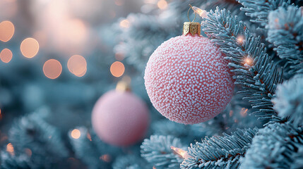 Christmas tree with pink balls background with soft bokeh lights