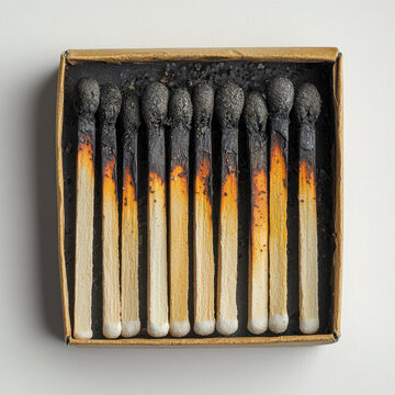 Burnt out matches resting in matchbox, showcasing charred tips and unburnt wood. striking contrast of colors evokes sense of loss and nostalgia