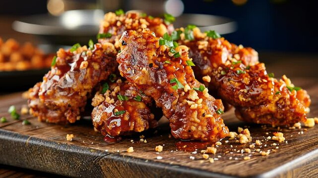 Plate of chicken wings with a brown sauce and some chopped parsley on top. The wings are piled on top of each other, creating a visually appealing presentation
