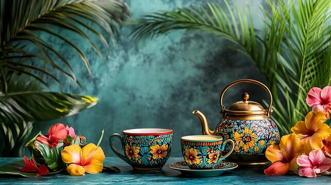 A vibrant Thai tea setup featuring colorful ceramic cups and a decorative brass kettle, accompanied by sweet condensed milk and tropical flowers, set against a tropical background. --ar 16:9