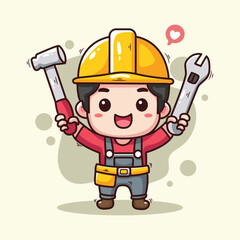 Cute builder boy with wrench and hammer. Cute cartoon character. Vector illustration.