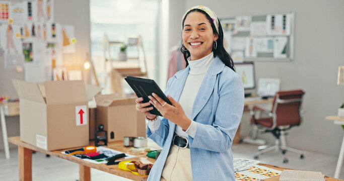 Woman, tablet and portrait for small business, ecommerce and fashion boutique startup for online sales. Designer, technology and digital website for internet store, retail service and quality control