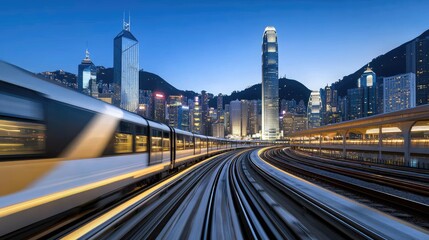 Fototapeta premium skyline glows at night with high-rise buildings illuminated, while trains create light trails along the railway tracks