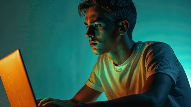 Man is sitting in front of a laptop, looking at the screen. Concept of focus and concentration, as the man is deeply engaged in whatever he is working on. The bright colors of the background