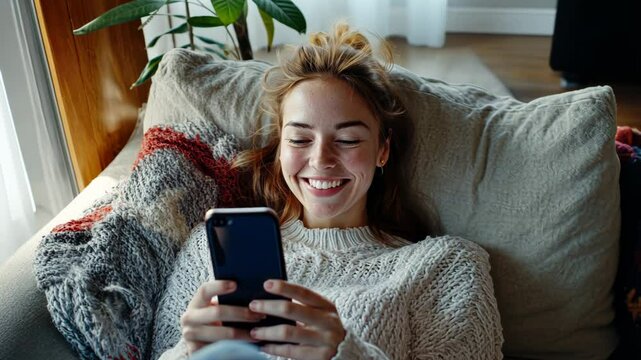 Woman is sitting on a couch and smiling while looking at her cell phone. She is enjoying herself and is likely checking her messages or browsing social media