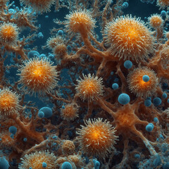 Obraz premium Close-up of microbial colonies, detailed protozoa, bacteria, fungi in biofilm interaction, soft textures, realistic