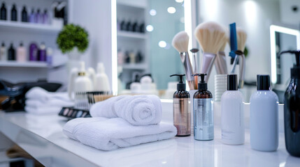 Hairstyling services. Professional hairdresser's workplace showcasing neatly arranged cosmetic bottles and towels, highlighting organization and cleanliness in a salon setting
