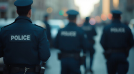 Fototapeta premium Police at night on a city street, blurred image with a motion effect