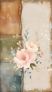 Fondo de lino envejecido con tonos terrosos y flores en acuarela, textura vintage y c&aacute;lida nostalgia