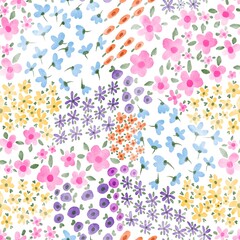 Abstract Hand Drawing Colorful Digital Painting Watercolor Brush Strokes Ditsy and Mixed Retro Flowers and Leaves Seamless Pattern Isolated Background