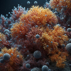 Fototapeta premium High-detail microorganisms, bacteria and fungi in biofilm clusters, soft realistic textures, dynamic interaction scene