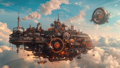 A steampunk airship city floats among the clouds