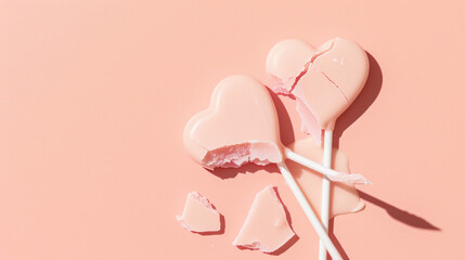 Shattered into multiple pieces heart-shaped lollipop on pink background. Heartbreak and fragility. Broken love and the bittersweet emotions associated with it concept
