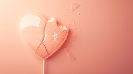 Heartbreak and fragility. Broken love and the bittersweet emotions associated with it concept. Heart-shaped lollipop shattered into multiple pieces on pink background. 