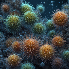 Intricate biofilm network, microorganisms interacting, soft and smooth textures, protozoa and bacteria, realistic style