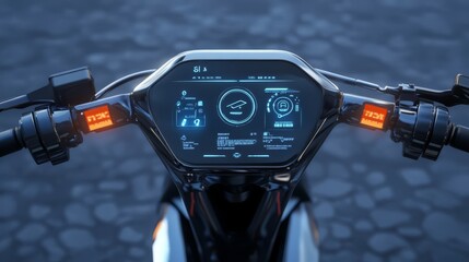 Futuristic motorcycle dashboard with digital display.